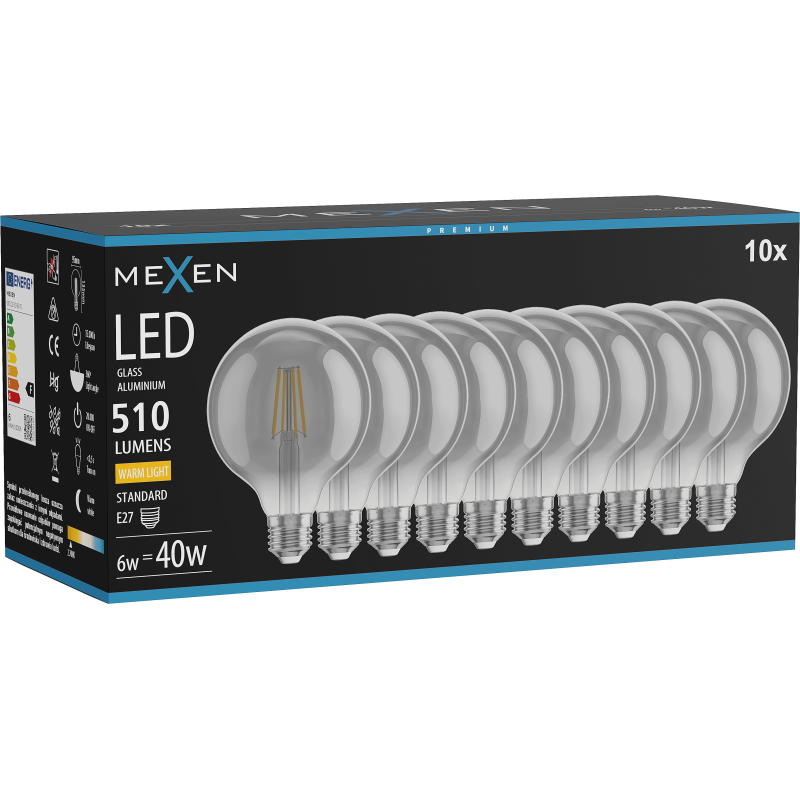 Mexen Vintis 10x Bec LED filament E27, G95, 6W, Cald - 2700K, 510 lm, fumuriu - L157-E27-0627-70x10