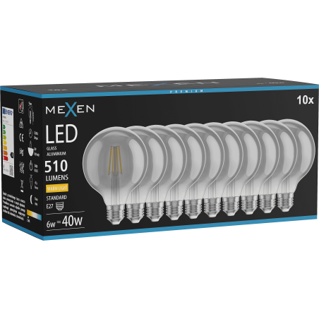 Mexen Vintis 10x LED filament izzó E27, G95, 6W, Meleg - 2700K, 510 lm, füst - L157-E27-0627-70x10