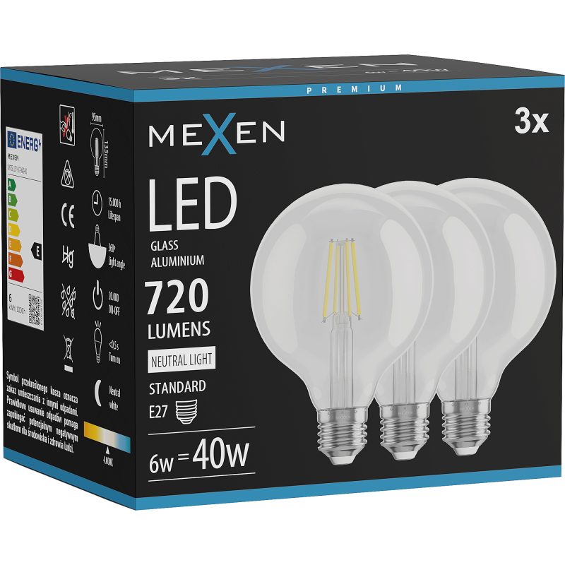 Mexen Vintis 3x LED szálas izzó E27, G95, 6W, Semleges - 4000K, 720 lm, átlátszó - L157-E27-0640-00x03