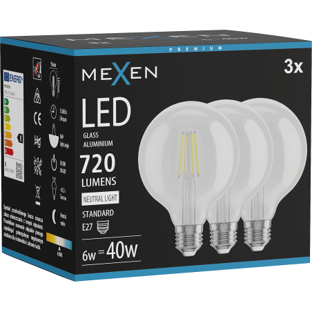 Mexen Vintis 3x Bec filament LED E27, G95, 6W, Neutru - 4000K, 720 lm, transparent - L157-E27-0640-00x03