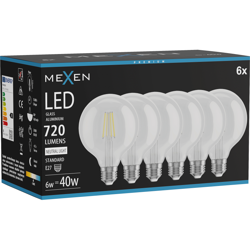 Mexen Vintis 6x Bec LED filament E27, G95, 6W, Neutru - 4000K, 720 lm, clar - L157-E27-0640-00x06