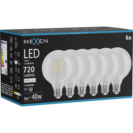 Mexen Vintis 6x LED filament izzó E27, G95, 6W, Semleges - 4000K, 720 lm, átlátszó - L157-E27-0640-00x06