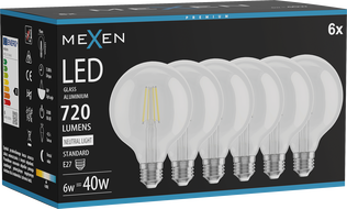 Mexen Vintis 6x Bec LED filament E27, G95, 6W, Neutru - 4000K, 720 lm, clar - L157-E27-0640-00x06