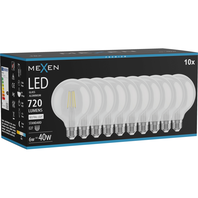 Mexen Vintis 10x LED filament izzó E27, G95, 6W, Semleges - 4000K, 720 lm, átlátszó - L157-E27-0640-00x10