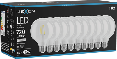 Mexen Vintis 10x LED filament izzó E27, G95, 6W, Semleges - 4000K, 720 lm, átlátszó - L157-E27-0640-00x10