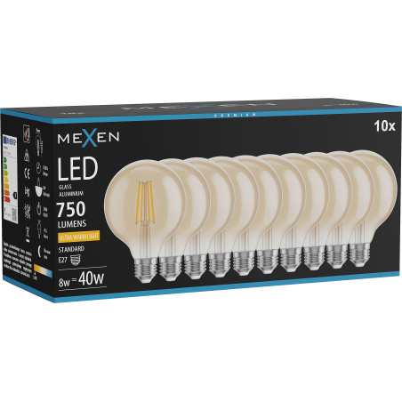 Mexen Vintis 10x LED filament izzó E27, G95, 8W, Meleg - 2200K, 750 lm, borostyán - L157-E27-0822-50x10