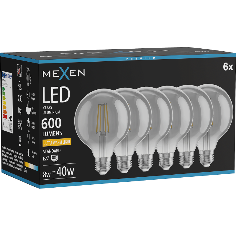 Mexen Vintis 6x Bec LED cu filament E27, G95, 8W, Caldă - 2200K, 600 lm, fumuriu - L157-E27-0822-70x06