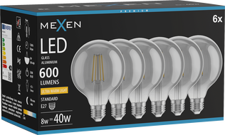 Mexen Vintis 6x LED filament izzó E27, G95, 8W, Meleg - 2200K, 600 lm, füstös - L157-E27-0822-70x06