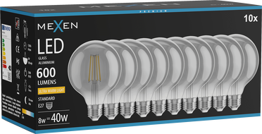 Mexen Vintis 10x LED filament izzó E27, G95, 8W, Meleg - 2200K, 600 lm, füstös - L157-E27-0822-70x10