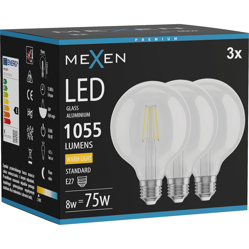 Mexen Vintis 3x Bec filament LED E27, G95, 8W, Cald - 2700K, 1055 lm, transparent - L157-E27-0827-00x03