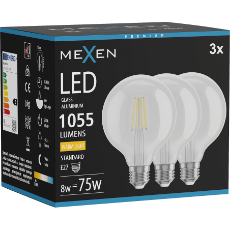 Mexen Vintis 3x LED filament izzó E27, G95, 8W, Meleg - 2700K, 1055 lm, átlátszó - L157-E27-0827-00x03