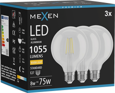 Mexen Vintis 3x LED filament izzó E27, G95, 8W, Meleg - 2700K, 1055 lm, átlátszó - L157-E27-0827-00x03