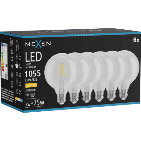 Mexen Vintis 6x Bec LED filament E27, G95, 8W, Caldă - 2700K, 1055 lm, clară - L157-E27-0827-00x06