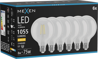 Mexen Vintis 6x LED filament izzó E27, G95, 8W, Meleg - 2700K, 1055 lm, átlátszó - L157-E27-0827-00x06