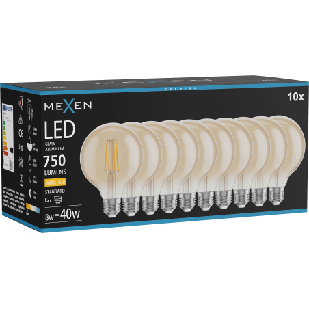 Mexen Vintis 10x Bec LED cu filament E27, G95, 8W, Cald - 2700K, 750 lm, chihlimbar - L157-E27-0827-50x10