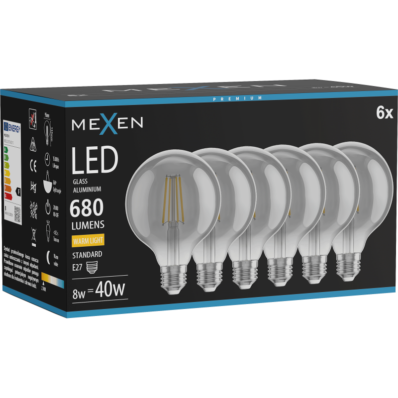 Mexen Vintis 6x Bec filament LED E27, G95, 8W, Cald - 2700K, 680 lm, fumuriu - L157-E27-0827-70x06