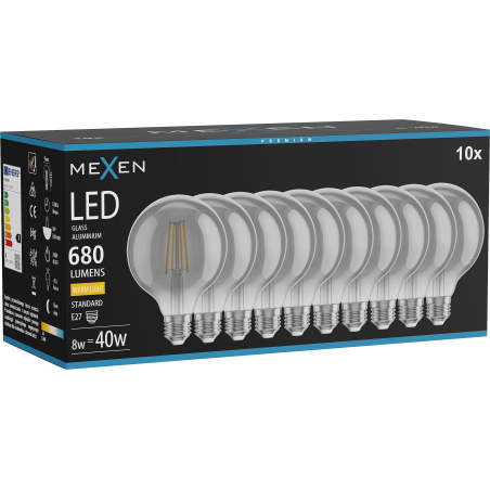 Mexen Vintis 10x Bec LED filament E27, G95, 8W, Caldă - 2700K, 680 lm, fumuriu - L157-E27-0827-70x10