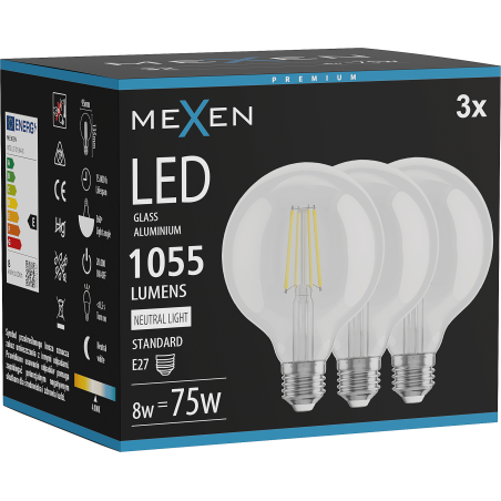 Mexen Vintis 3x LED filament izzó E27, G95, 8W, Semleges - 4000K, 1055 lm, átlátszó - L157-E27-0840-00x03