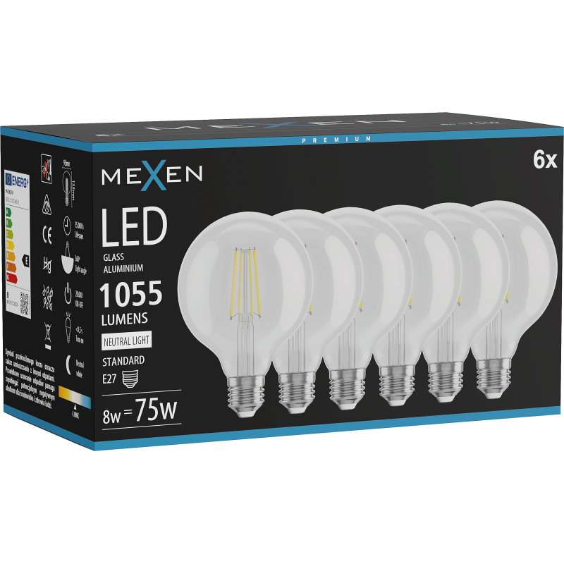 Mexen Vintis 6x Bec LED filament E27, G95, 8W, Neutru - 4000K, 1055 lm, clar - L157-E27-0840-00x06