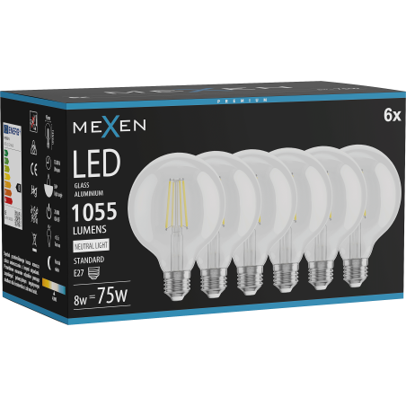 Mexen Vintis 6x LED filament izzó E27, G95, 8W, Semleges - 4000K, 1055 lm, átlátszó - L157-E27-0840-00x06