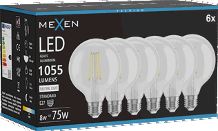 Mexen Vintis 6x Bec LED filament E27, G95, 8W, Neutru - 4000K, 1055 lm, clar - L157-E27-0840-00x06