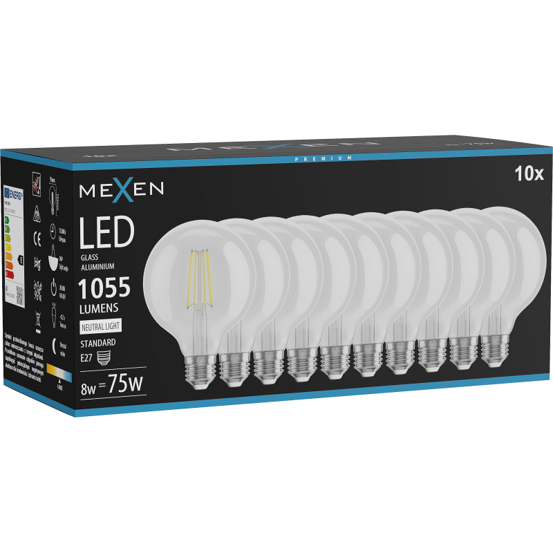 Mexen Vintis 10x Bec filament LED E27, G95, 8W, Neutru - 4000K, 1055 lm, clar - L157-E27-0840-00x10