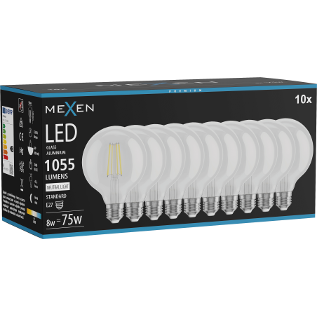 Mexen Vintis 10x LED filament izzó E27, G95, 8W, Semleges - 4000K, 1055 lm, átlátszó - L157-E27-0840-00x10