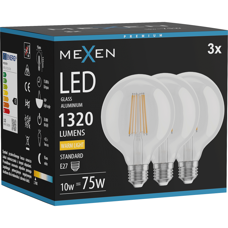 Mexen Vintis 3x LED filament izzó E27, G95, 10W, Meleg - 2700K, 1320 lm, átlátszó - L157-E27-1027-00x03