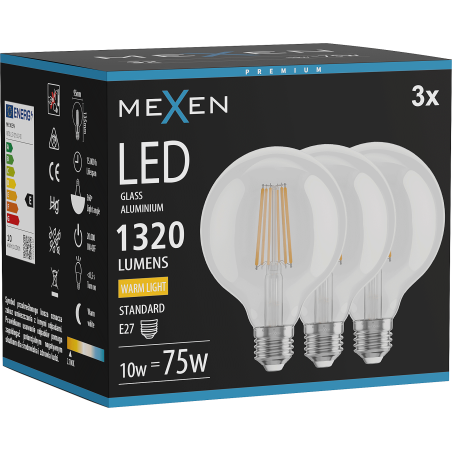 Mexen Vintis 3x LED filament izzó E27, G95, 10W, Meleg - 2700K, 1320 lm, átlátszó - L157-E27-1027-00x03
