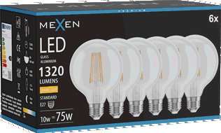 Mexen Vintis 6x Bec cu filament LED E27, G95, 10W, Cald - 2700K, 1320 lm, transparent - L157-E27-1027-00x06
