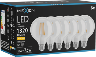 Mexen Vintis 6x LED filament izzó E27, G95, 10W, Meleg - 2700K, 1320 lm, átlátszó - L157-E27-1027-00x06