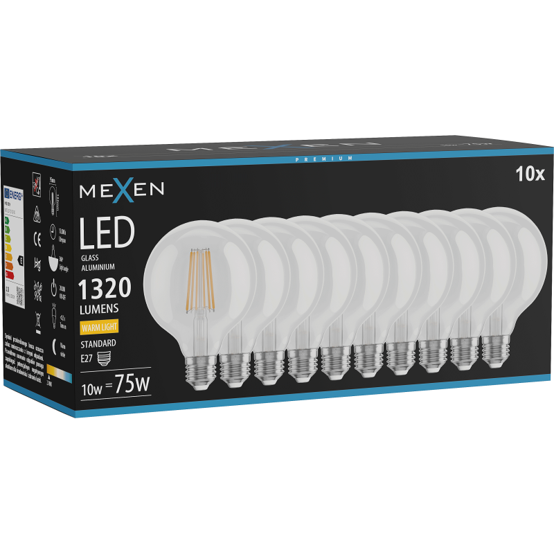 Mexen Vintis 10x LED filament izzó E27, G95, 10W, Meleg - 2700K, 1320 lm, átlátszó - L157-E27-1027-00x10