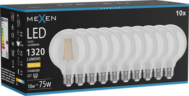 Mexen Vintis 10x LED filament izzó E27, G95, 10W, Meleg - 2700K, 1320 lm, átlátszó - L157-E27-1027-00x10