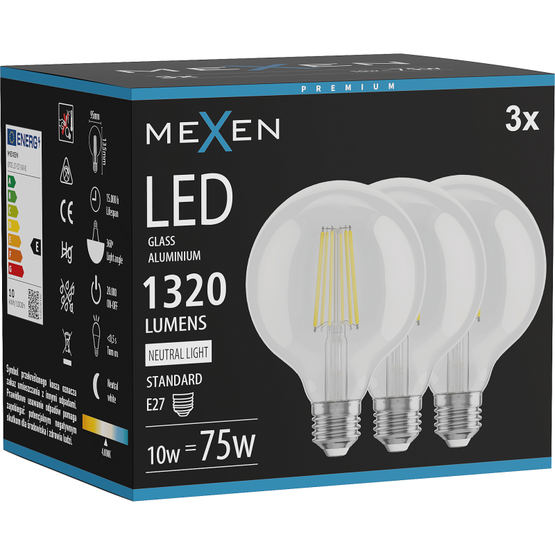 Mexen Vintis 3x LED filament izzó E27, G95, 10W, Semleges - 4000K, 1320 lm, átlátszó - L157-E27-1040-00x03