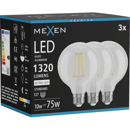 Mexen Vintis 3x LED filament izzó E27, G95, 10W, Semleges - 4000K, 1320 lm, átlátszó - L157-E27-1040-00x03