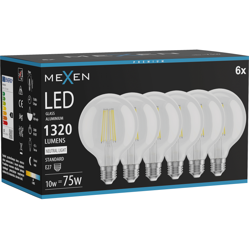 Mexen Vintis 6x Bec filament LED E27, G95, 10W, Neutru - 4000K, 1320 lm, transparent - L157-E27-1040-00x06
