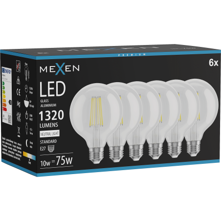 Mexen Vintis 6x Bec filament LED E27, G95, 10W, Neutru - 4000K, 1320 lm, transparent - L157-E27-1040-00x06