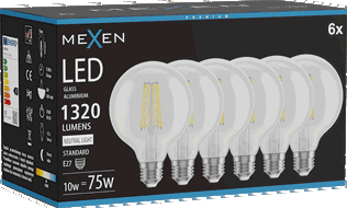 Mexen Vintis 6x Bec filament LED E27, G95, 10W, Neutru - 4000K, 1320 lm, transparent - L157-E27-1040-00x06