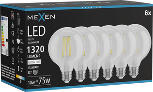 Mexen Vintis 6x LED szálas izzó E27, G95, 10W, Semleges - 4000K, 1320 lm, átlátszó - L157-E27-1040-00x06