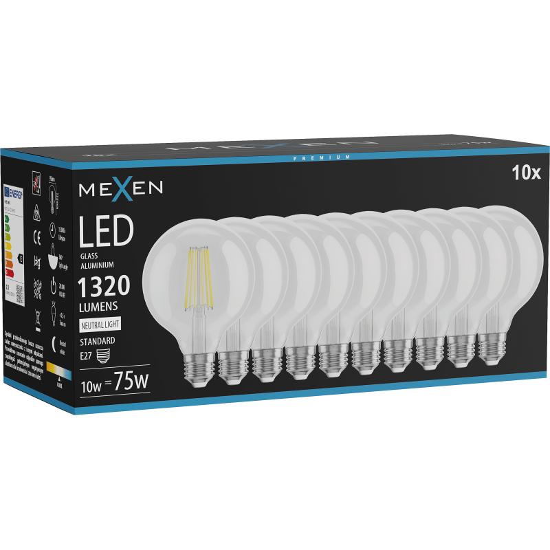 Mexen Vintis 10x LED szálas izzó E27, G95, 10W, Semleges - 4000K, 1320 lm, átlátszó - L157-E27-1040-00x10