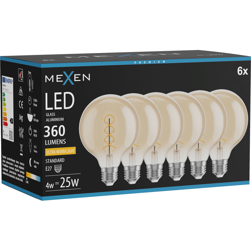 Mexen Vintis 6x Spirál LED filament izzó E27, G95, 4W, Meleg - 2200K, 360 lm, borostyánsárga - L167-E27-0422-50x06
