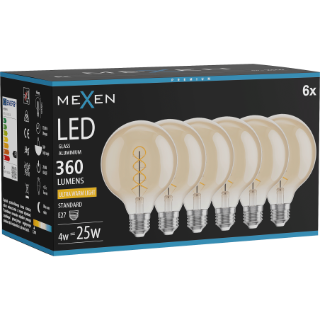 Mexen Vintis 6x Bec cu filament spirală LED E27, G95, 4W, Cald - 2200K, 360 lm, chihlimbar - L167-E27-0422-50x06