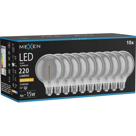 Mexen Vintis 10x Bec spirală filamente LED E27, G95, 4W, Caldă - 2200K, 220 lm, fumuriu - L167-E27-0422-70x10