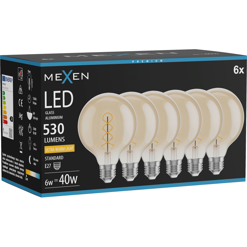Mexen Vintis 6x Bec Filament Spiral LED E27, G95, 6W, Cald - 2200K, 530 lm, chihlimbar - L167-E27-0622-50x06