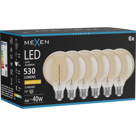 Mexen Vintis 6x LED filament spirál izzó E27, G95, 6W, Meleg - 2200K, 530 lm, borostyán - L167-E27-0622-50x06