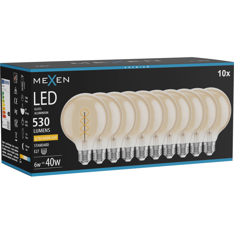 Mexen Vintis 10x Bec LED filament spirală E27, G95, 6W, Cald - 2200K, 530 lm, amber - L167-E27-0622-50x10
