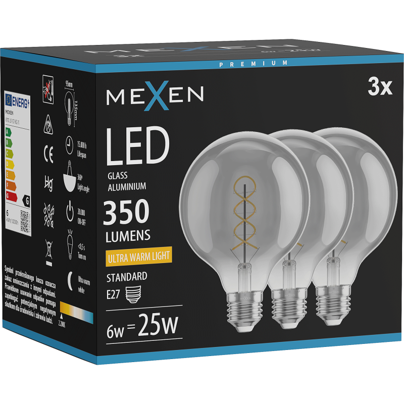 Mexen Vintis 3x LED spirál filament izzó E27, G95, 6W, Meleg - 2200K, 350 lm, füstszínű - L167-E27-0622-70x03
