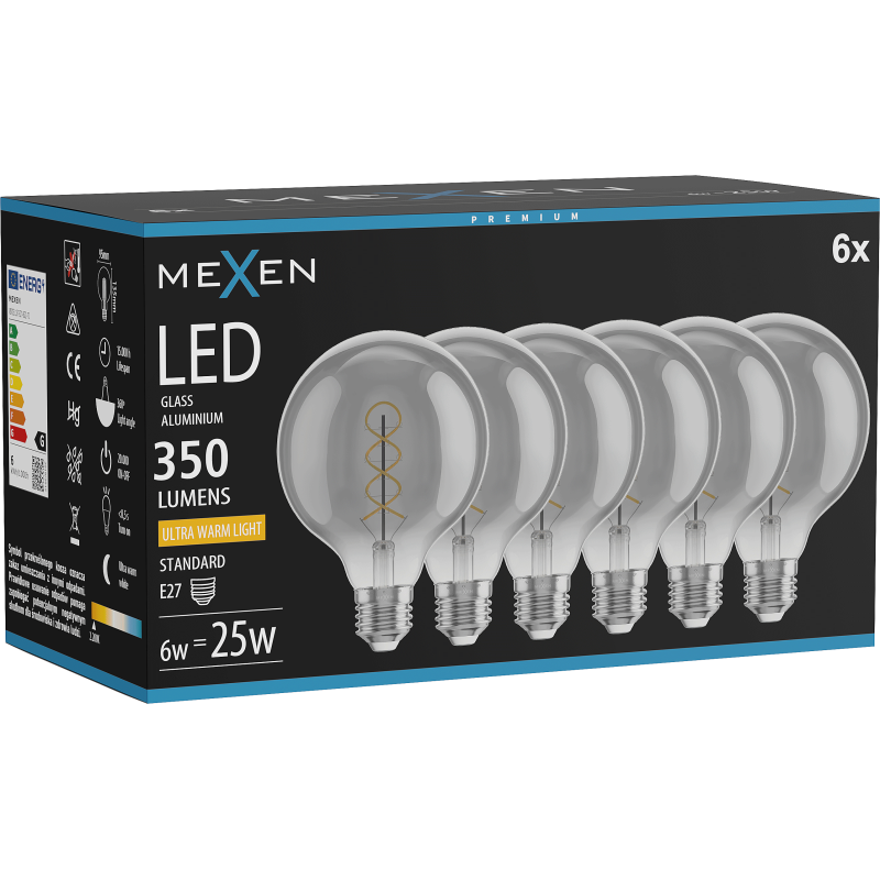 Mexen Vintis 6x Bec LED filament spirală E27, G95, 6W, Caldă - 2200K, 350 lm, fumurie - L167-E27-0622-70x06