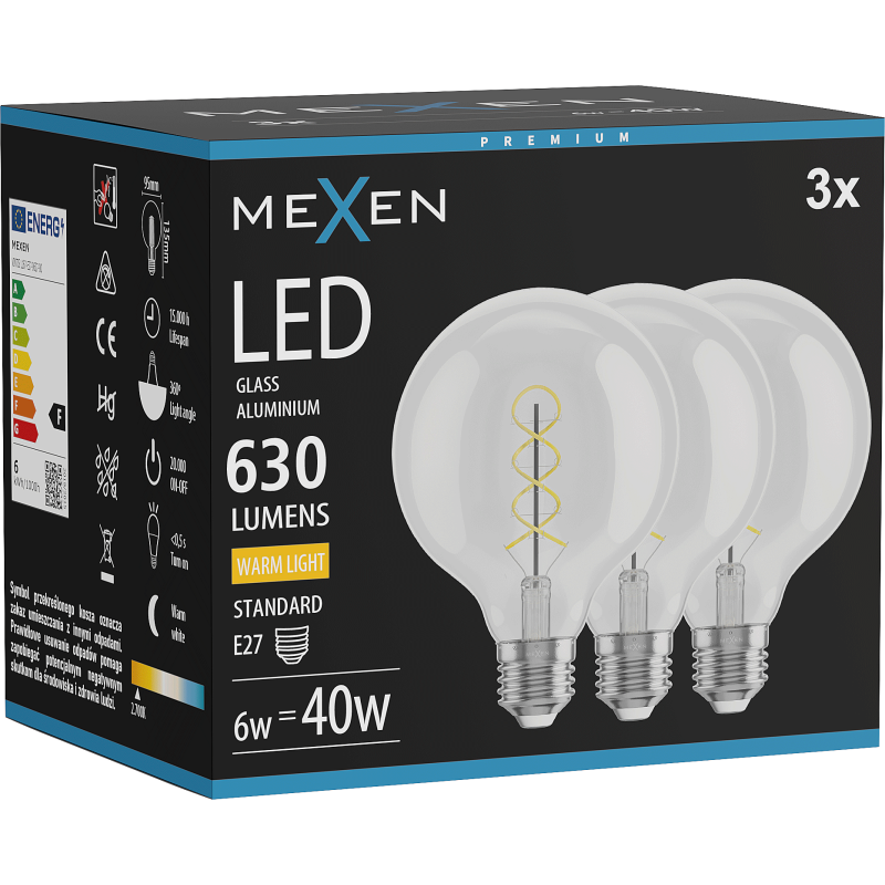 Mexen Vintis 3x LED spirál filament izzó E27, G95, 6W, Meleg - 2700K, 630 lm, átlátszó - L167-E27-0627-00x03