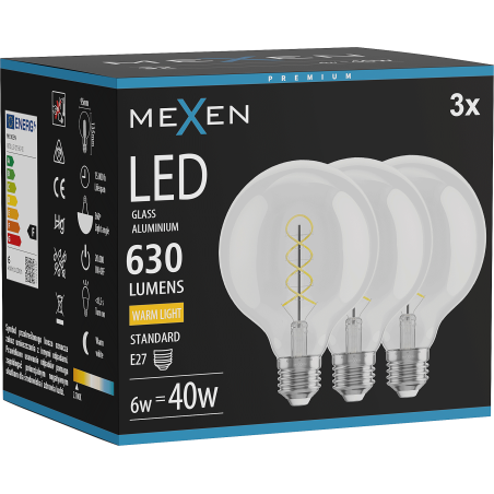 Mexen Vintis 3x Bec de bec filament LED E27, G95, 6W, Cald - 2700K, 630 lm, clar - L167-E27-0627-00x03